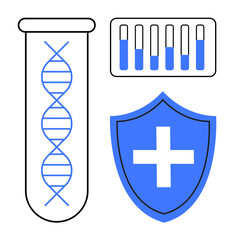 Poster - dna double helix in test tube, rows of test tubes, blue medical shield with cross. ideal for genetic