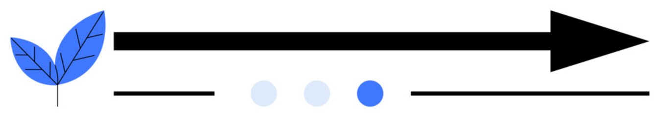 Poster - blue leaf with bold black arrow pointing right, complemented by three circular accents. ideal for gr