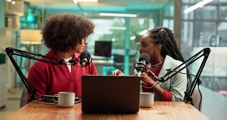 Aufkleber - Radio, man and woman with mic, live stream and collaboration for talk show, online and conversation. Production, podcaster and people with microphone for audio communication, journalist or discussion