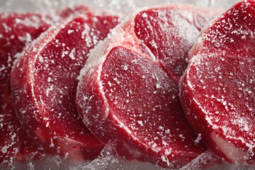 Poster - Frost Forming on Vacuum-Sealed Frozen Steaks Displayed in a Clean and Organized Manner