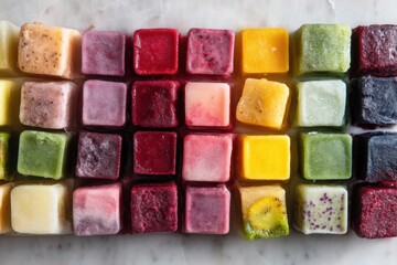 Aufkleber - Colorful Frozen Smoothie Cubes Arranged in a Vibrant Display on a Countertop With a Bright and Inviting Atmosphere