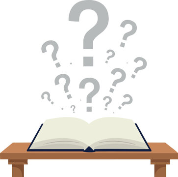 Open book with multiple question marks rising concept of curiosity and knowledge vector illustration 