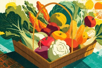 Poster - Vibrant Basket of Seasonal Produce From a Farmers Market Filled With Fresh Vegetables and Fruits in a Bright Layout