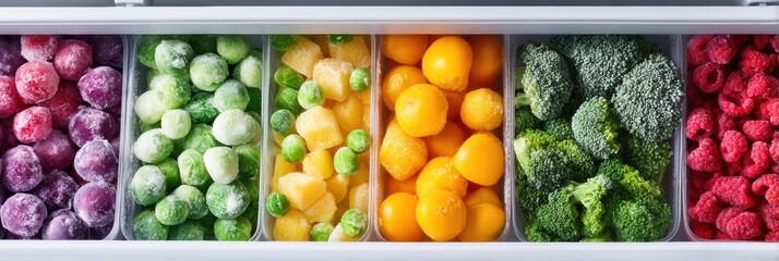 Poster - Open Freezer Drawer Filled With Colorful Frozen Vegetables and Fruits Arranged in Neat Sections for Easy Access