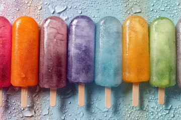 Aufkleber - Bright Colorful Frozen Popsicles Arranged by Hue on a Clear Surface