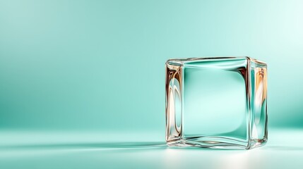 Poster - A minimalist clear glass cube is centered on a soft teal background, emphasizing simplicity and elegance while capturing light and reflections beautifully.