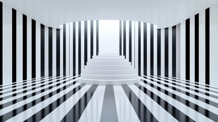 Poster - A stunning modern interior featuring a striking black and white striped staircase that draws the eye upward, showcasing contemporary design and architectural elegance.