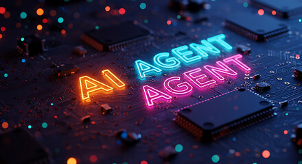 Poster - Vibrant neon text 'AI AGENT' illuminates a dark circuit board, symbolizing advanced artificial intelligence, machine learning, and future technology.