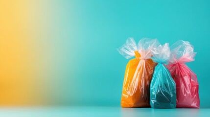 Poster - Brightly colored plastic bags filled with powders resting on a vibrant background, showcasing shades ideal for artistic endeavors and creative projects.