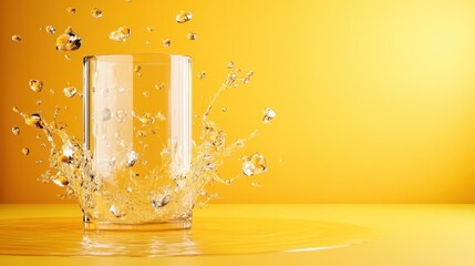Poster - A spectacular splash of water erupts from a clear glass against a vibrant yellow backdrop, illustrating the dynamic beauty of liquid motion in a simplistic yet engaging manner.