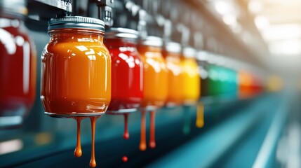 Poster - An array of vibrant jars featuring dripping paints on a modern production line, showcasing the beauty and creativity of color in artistic manufacturing processes.
