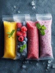 Aufkleber - Healthy Frozen Smoothie Packs Arranged Neatly on a Cold Surface With Minimal Background for a Vibrant, Fresh Appeal