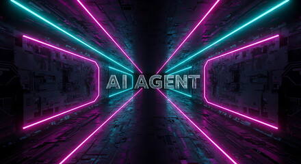 Poster - Futuristic neon tunnel with AI agent text glowing in vibrant blue and pink lights, evoking technology and innovation.