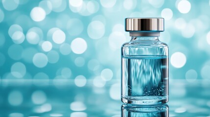 Poster - A pristine glass vial filled with clear water stands against a mesmerizing blue background, representing purity and clarity, highlighted by beautiful bokeh effects.