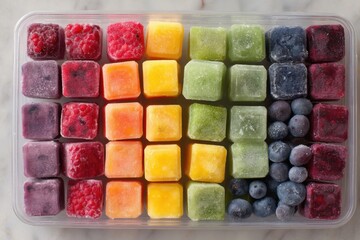 Aufkleber - Frozen Smoothie Cubes Arranged by Color in a Neat Grid Showcasing Vibrant Fruits