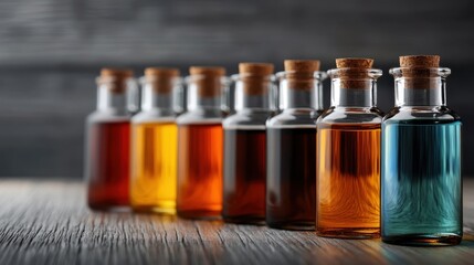 Poster - An artistic arrangement of glass bottles filled with vibrant liquids, showcasing a spectrum of colors that evoke creativity, beauty, and the essence of experimentation in design.