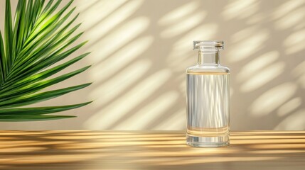 Poster - A clear glass bottle stands elegantly on a wooden surface, illuminated by soft light rays and accompanied by a green leaf, representing simplicity and modern style in decor.