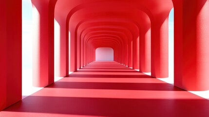 Poster - an innovative architectural space with striking red arches forms an intriguing tunnel, invoking feel