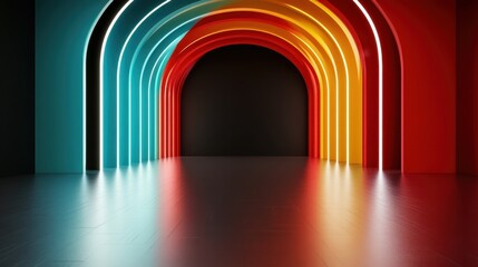 Poster - Vibrant neon arches illuminate a spacious interior, creating a dynamic play of colors that evoke an energetic and artistic atmosphere ideal for creative expression.