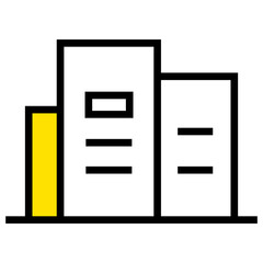 Poster - Illustration of a cityscape with three buildings in black outline and yellow accents on one building