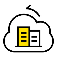 Poster - Cloud hosting with building icons and refresh arrow indicating data synchronization and server updates