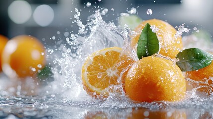 Poster - Fresh oranges splash into clear water, creating vibrant droplets that contrast with the textures and colors of the fruits, capturing a playful and dynamic essence of refreshing fruits.
