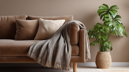 Aufkleber - A warm living room setup showcases a plush brown sofa adorned with decorative pillows and a cozy blanket. A lush green plant in a woven pot adds a touch of nature and warmth to the space