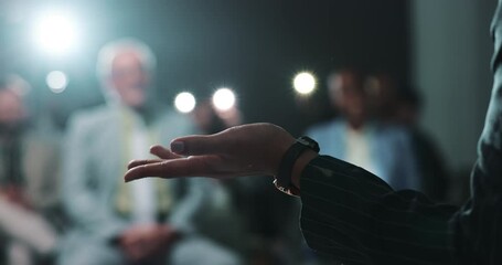 Poster - Presentation, hand and speaker with motivation for crowd, person or politician with speech on stage. Press conference, legislator and announcement for audience in official event, talking and podium