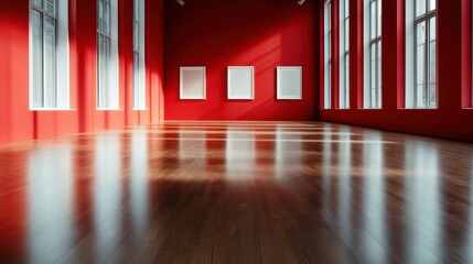 Poster - An empty art gallery features striking red walls and ample natural light, providing an ideal setting for showcasing artwork and creating a captivating atmosphere.