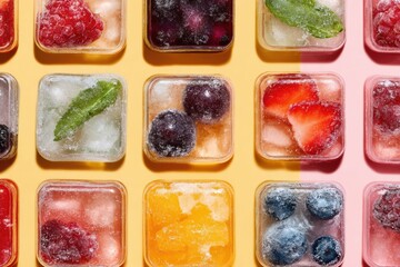 Poster - Frozen Snack Assortment Arranged in a Geometric Pattern Highlighting Vibrant Colors and Textures Ideal for a Refreshing Treat