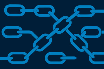 Poster - Abstract Blockchain concept. Interconnected blue chain links. Technology network security. Digital cryptocurrency finance. Web3 innovation. Decentralized system. Secure data transaction. Vector art.