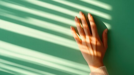 Poster - An artistic representation of a hand casting shadows on a textured green background, creating a captivating interplay of light and shadow that feels serene and calm.