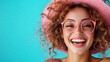 © Larisa AI - A radiant young woman wearing a pink hat and glasses, showcasing a joyful smile against a vibrant blue background, celebrating individuality and happiness in lifestyle imagery.