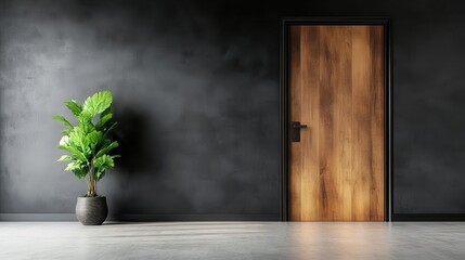 Poster - A chic, minimalistic interior scene highlighting a wooden door and a lush green plant, emphasizing the beauty of simplicity and modern design for home decor enthusiasts.