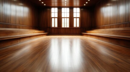 Poster - A beautifully crafted wooden hall illuminated by soft light streaming through large windows, showcasing an inviting atmosphere ideal for gatherings or performances.