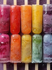 Aufkleber - Brightly Colored Frozen Popsicles Arranged in a Grid Showcasing Various Vibrant Flavors and Textures at a Summer Gathering