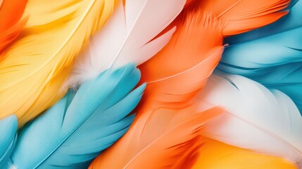 Poster - Vibrant collection of colorful feathers arranged beautifully, showcasing a blend of oranges, blues, yellows, and whites, ideal for artistic and design projects.