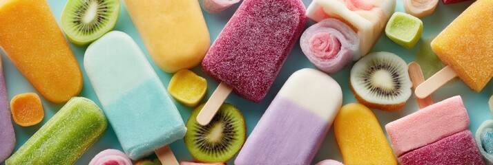 Aufkleber - Frozen Snack Assortment Arranged in a Geometric Pattern Featuring Vibrant Colors and a Minimal Top Zone for an Appealing Visual Display
