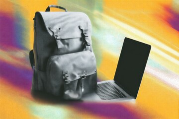 Poster - Modern Work-From-Anywhere Setup Featuring a Backpack and Laptop in a Vibrant, Abstract Background Designed for Remote Professionals