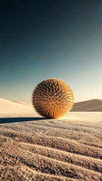 Golden Spiky Sphere in Desert Sunset: Minimalist Digital Art