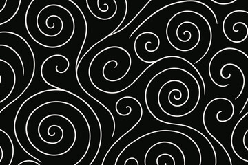 Poster - Elegant white spiral curves seamless pattern on black background. Abstract swirl and scroll line art illustration. Modern monochrome vector for wallpaper, fabric print, and texture design.