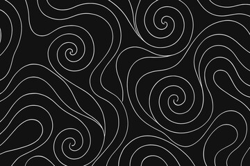 Poster - Abstract monochrome spiral line art. Seamless pattern with elegant swirling curves. Modern black and white hypnotic wave background. Vector graphic for wallpaper, texture, contemporary design.