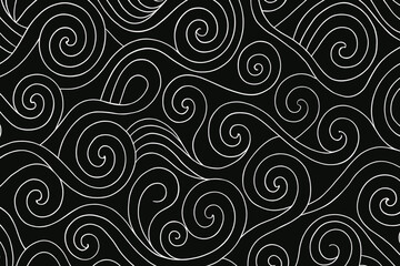 Poster - Abstract seamless pattern with white swirling spiral lines on black background. Vector illustration of hand-drawn flowing curves, wave-like motifs, and organic doodle shapes for texture or wallpaper.