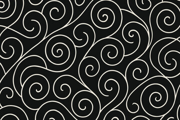 Poster - Monochrome seamless vector pattern featuring elegant white spiral curves on a deep black background. Abstract swirling lines design, perfect for modern textile, wallpaper, or ornate graphic projects.