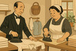 © Maria - Victorian era domestic servants, butler and maid, ironing clothes. Vintage illustration of household chores, laundry service, traditional home life. Antique flatirons, historical domesticity.