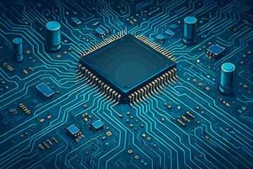 Poster - Blue gold electronic circuit board with powerful central microprocessor. Intricate PCB design. Modern technology, data processing, computing hardware innovation, tech background concept.