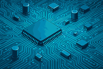 Poster - Futuristic blue glowing electronic circuit board with microchip processor. Detailed CPU and computer components on motherboard. Technology background for engineering and IT innovation.
