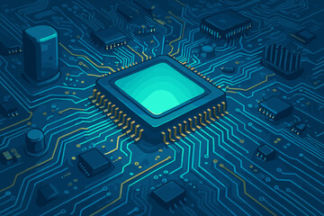 Poster - Futuristic electronic circuit board with glowing central processor unit. Microchip technology, intricate pathways, and components. Digital innovation, data processing, AI hardware concept.