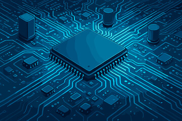 Poster - Blue electronic circuit board with microchip processor. CPU technology background. Computer hardware components, motherboard pathways, and semiconductor concept. Digital data innovation.