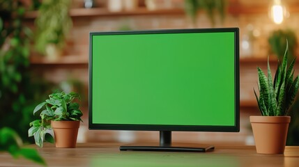 Poster - Green Screen Monitor on Wooden Table Surrounded by Potted Plants in Bright Cozy Workspace Environment